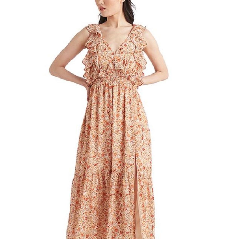 BLACK TAPE Dainty Floral V neck Sleeveless pink orange Fit and Flare midi dress - Picture 5 of 11